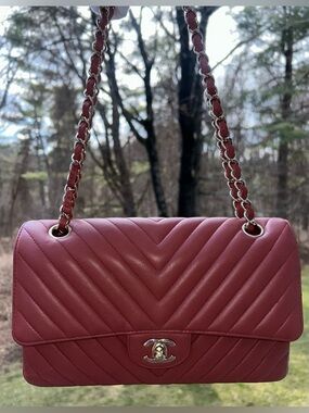 CHANEL Medium Classic Double Flap Chevron Quilted Handbag Dark Coral Terracotta